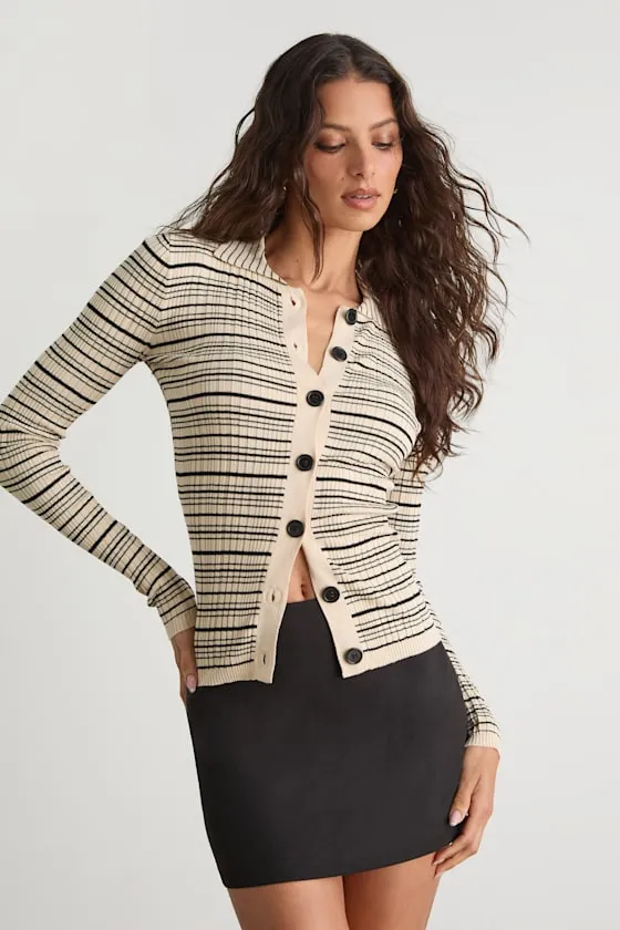 Lucie Cream and Black Striped Button-Up Sweater Top sold by Lulus product image thumbnail 4