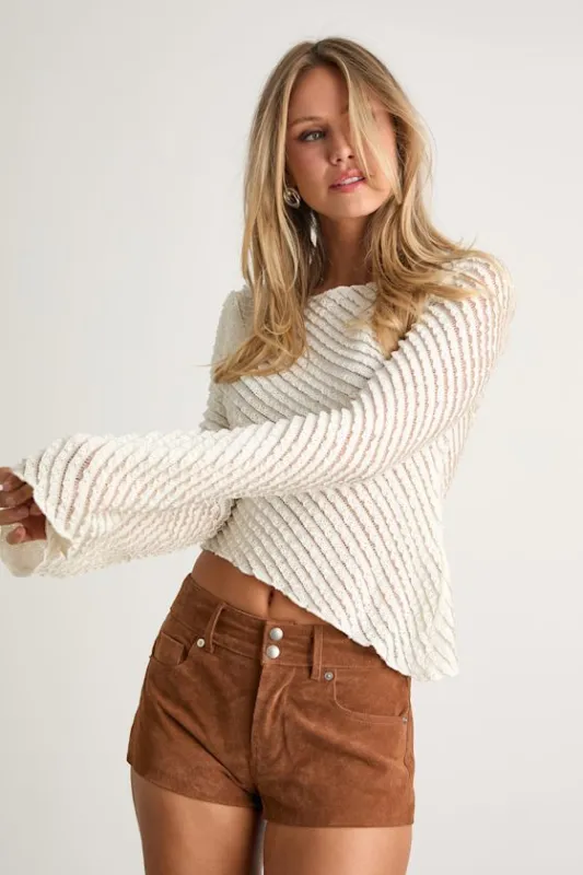 Xavia Ivory Ruffled Knit Asymmetrical Long Sleeve Top sold by Lulus
