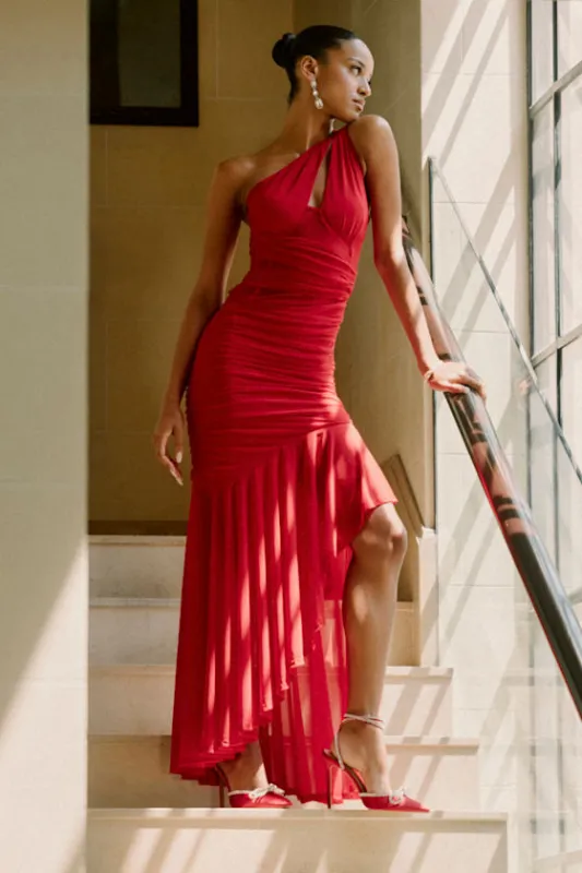 Marcellina Red Mesh Ruched One-Shoulder Maxi Dress sold by Lulus