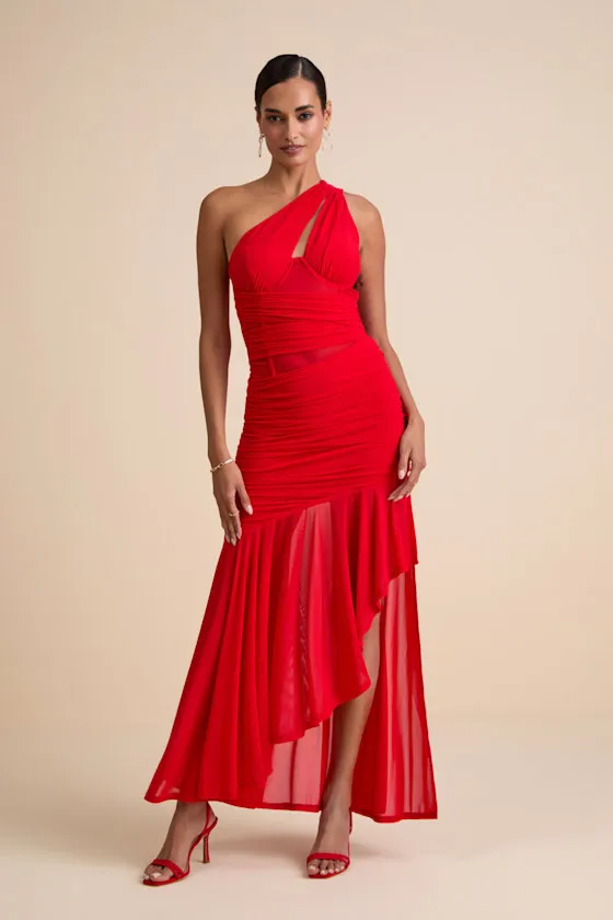Marcellina Red Mesh Ruched One-Shoulder Maxi Dress sold by Lulus product image thumbnail 2