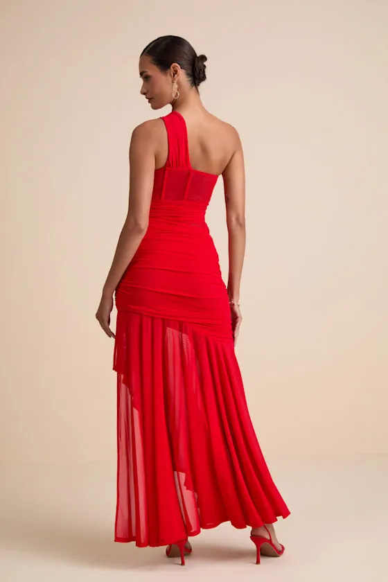 Marcellina Red Mesh Ruched One-Shoulder Maxi Dress sold by Lulus product image thumbnail 4