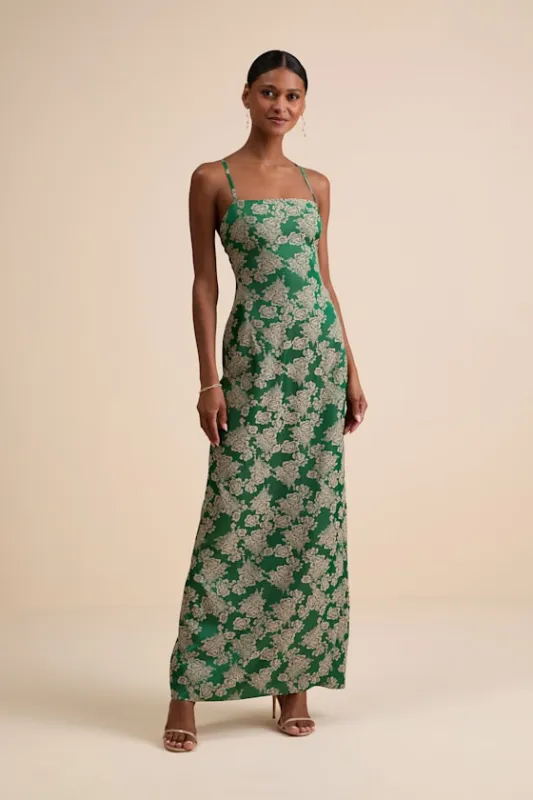 Merrion Green Floral Satin Lace-Up Maxi Dress sold by Lulus