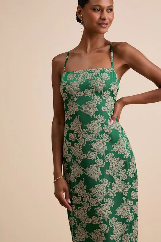 Merrion Green Floral Satin Lace-Up Maxi Dress sold by Lulus product image thumbnail 2
