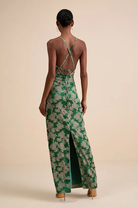 Merrion Green Floral Satin Lace-Up Maxi Dress sold by Lulus product image thumbnail 3