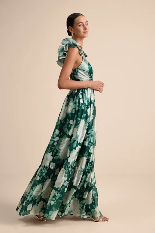 Soiree Perfection Green Floral Ruffled Tiered Maxi Dress sold by Lulus