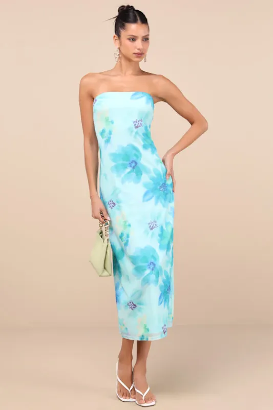 Jaylah Aqua Blue Floral Mesh Strapless Midi Dress sold by Lulus