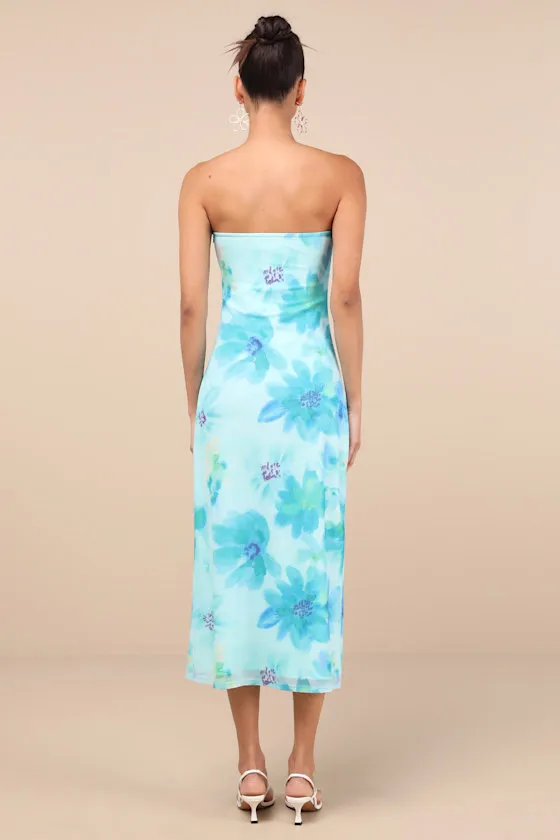 Jaylah Aqua Blue Floral Mesh Strapless Midi Dress sold by Lulus product image thumbnail 3