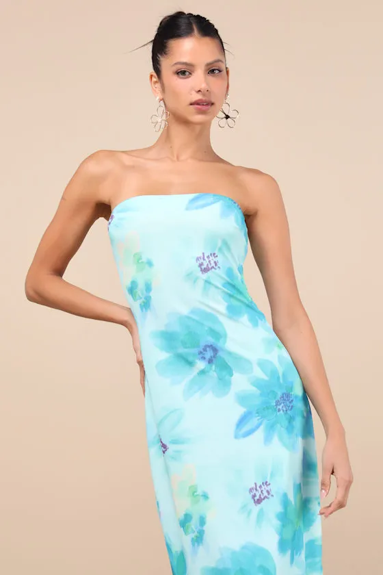 Jaylah Aqua Blue Floral Mesh Strapless Midi Dress sold by Lulus product image thumbnail 4