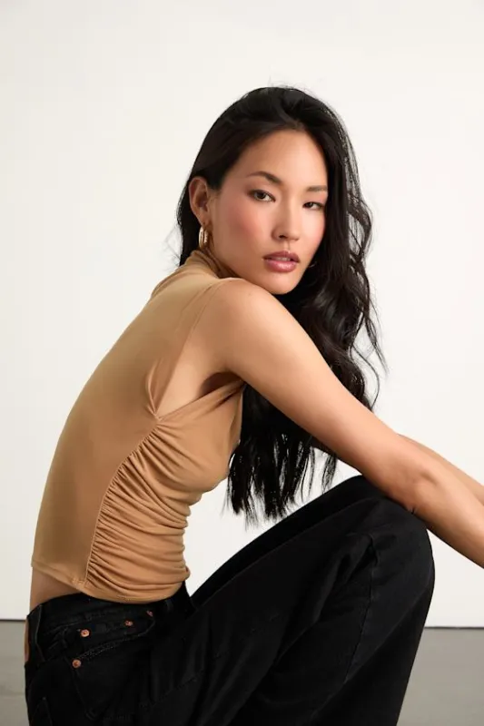 Avaina Tan Slinky Knit Ruched Mock Neck Sleeveless Top sold by Lulus