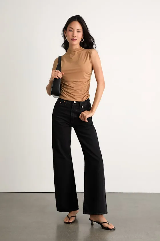 Avaina Tan Slinky Knit Ruched Mock Neck Sleeveless Top sold by Lulus product image thumbnail 4