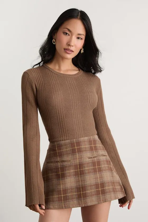 Nydia Brown Ribbed Long Sleeve Sweater Top sold by Lulus