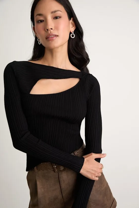 Yanis Black Ribbed Asymmetrical Cutout Long Sleeve Top sold by Lulus