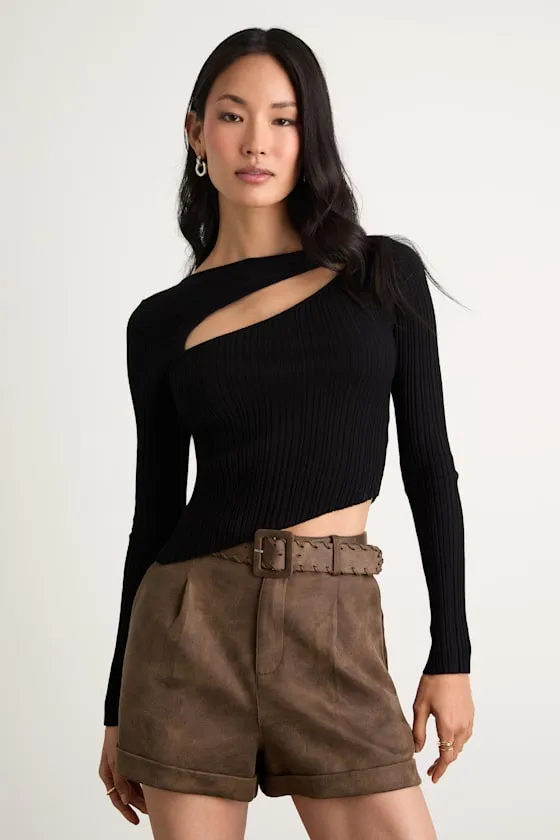 Yanis Black Ribbed Asymmetrical Cutout Long Sleeve Top sold by Lulus product image thumbnail 2