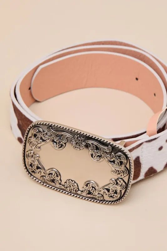 Winry Brown and White Cow Print Faux Fur Belt sold by Lulus