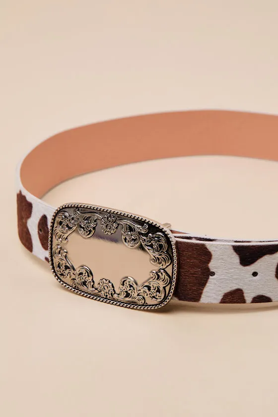 Winry Brown and White Cow Print Faux Fur Belt sold by Lulus product image thumbnail 3