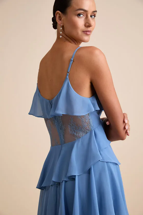 Dalena Dusty Blue Ruffled Lace Maxi Dress sold by Lulus