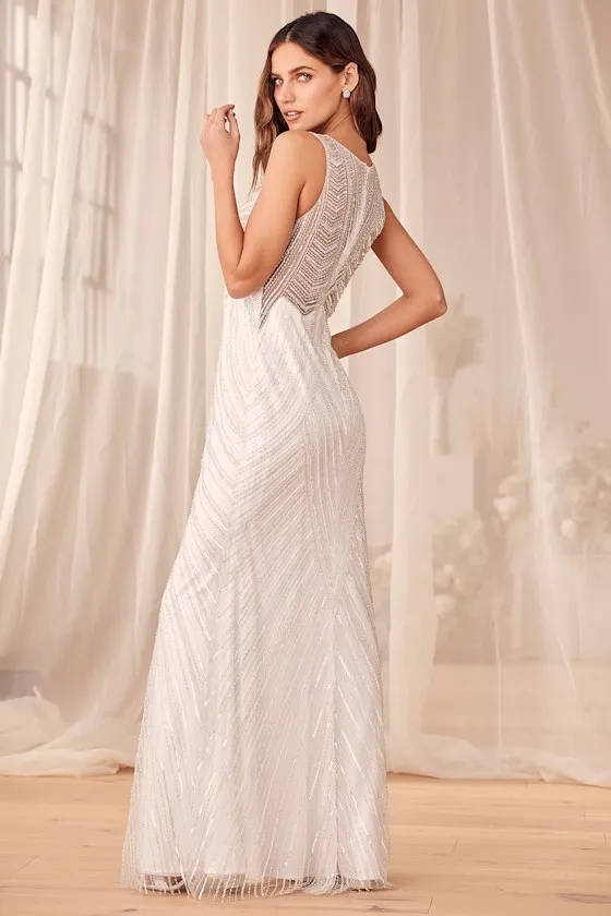 Only the Beginning White and Silver Beaded Sequin Maxi Dress sold by Lulus