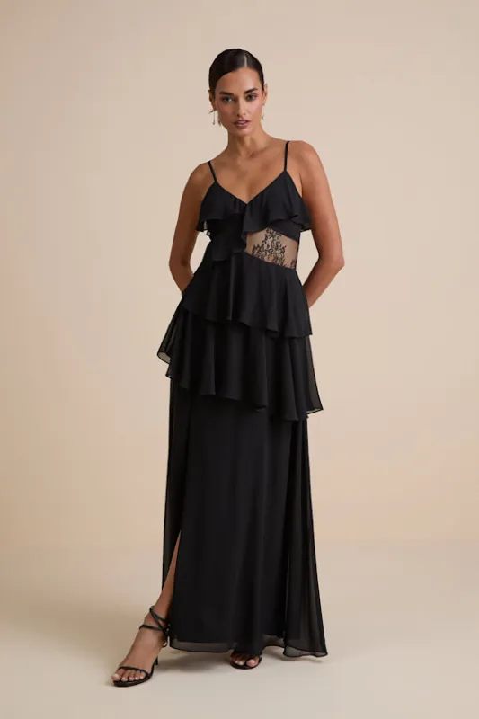 Dalena Black Ruffled Lace Maxi Dress sold by Lulus