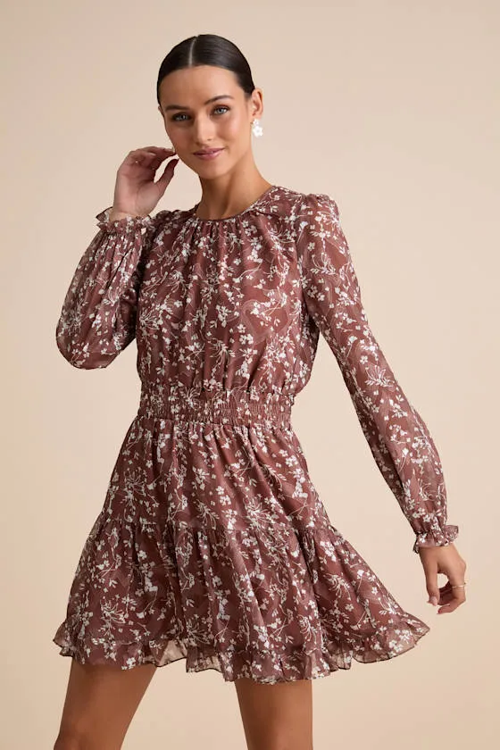 Too Cute Brown Floral Print Smocked Long Sleeve Mini Dress sold by Lulus