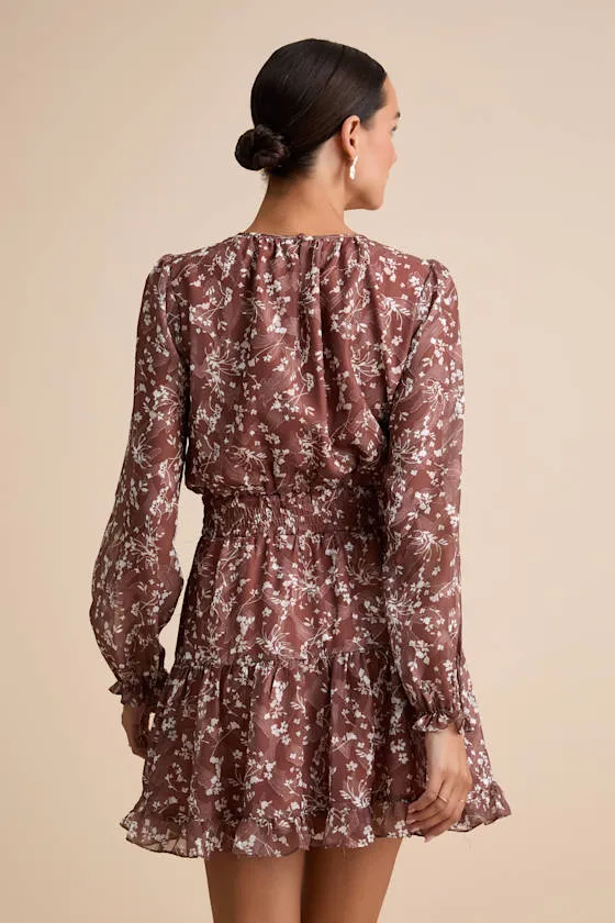 Too Cute Brown Floral Print Smocked Long Sleeve Mini Dress sold by Lulus product image thumbnail 2