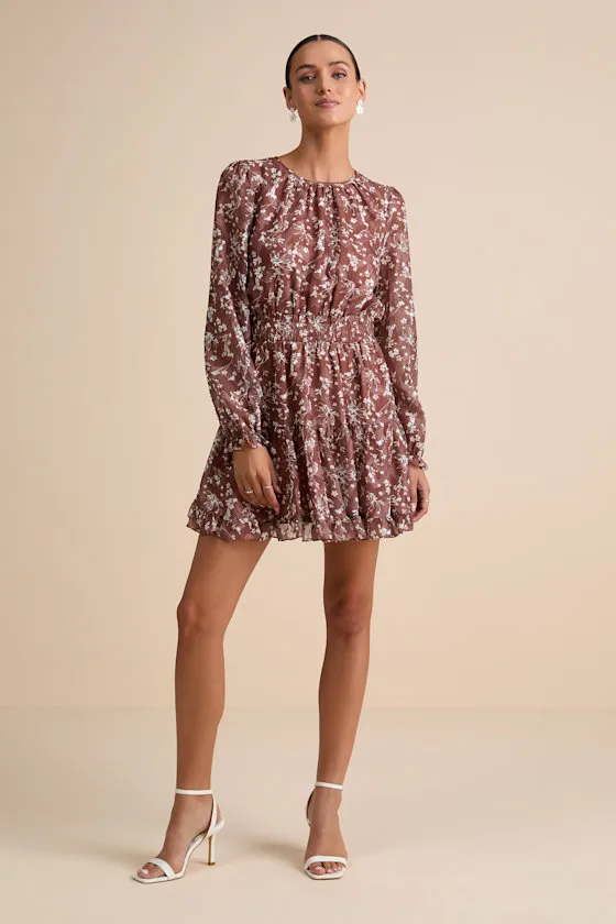 Too Cute Brown Floral Print Smocked Long Sleeve Mini Dress sold by Lulus product image thumbnail 3