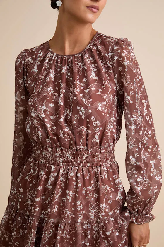 Too Cute Brown Floral Print Smocked Long Sleeve Mini Dress sold by Lulus product image thumbnail 4