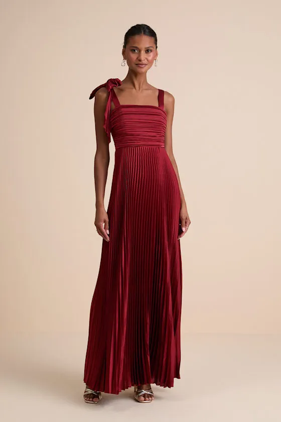 Gorgeous Purpose Red Satin Pleated Sleeveless Bow Maxi Dress sold by Lulus