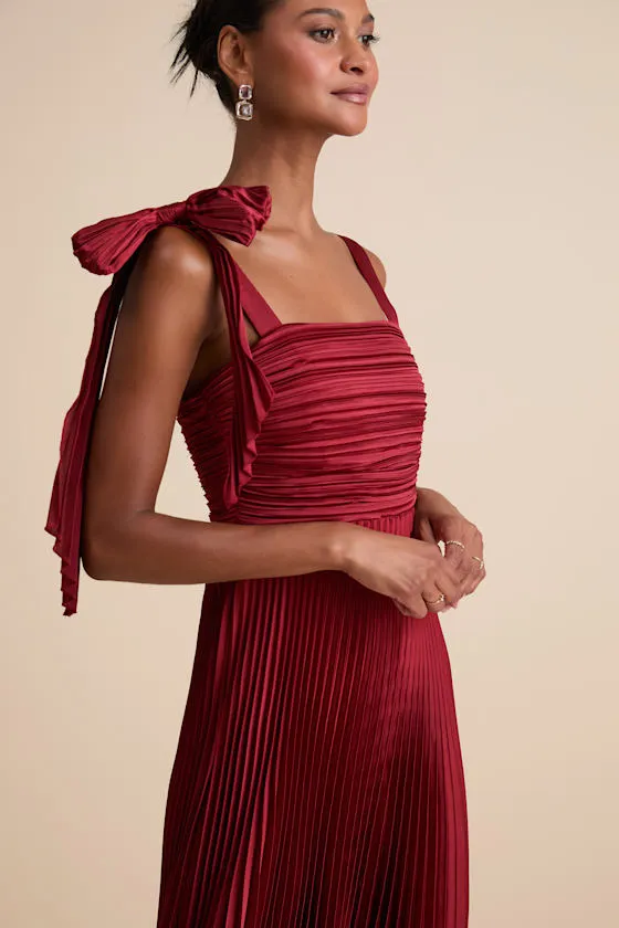 Gorgeous Purpose Red Satin Pleated Sleeveless Bow Maxi Dress sold by Lulus product image thumbnail 2