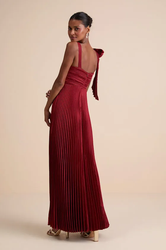 Gorgeous Purpose Red Satin Pleated Sleeveless Bow Maxi Dress sold by Lulus product image thumbnail 3
