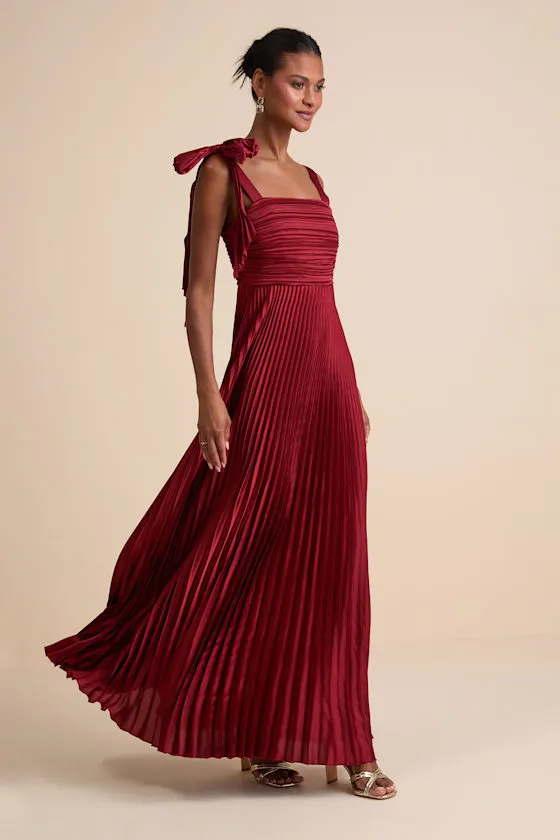 Gorgeous Purpose Red Satin Pleated Sleeveless Bow Maxi Dress sold by Lulus product image thumbnail 4