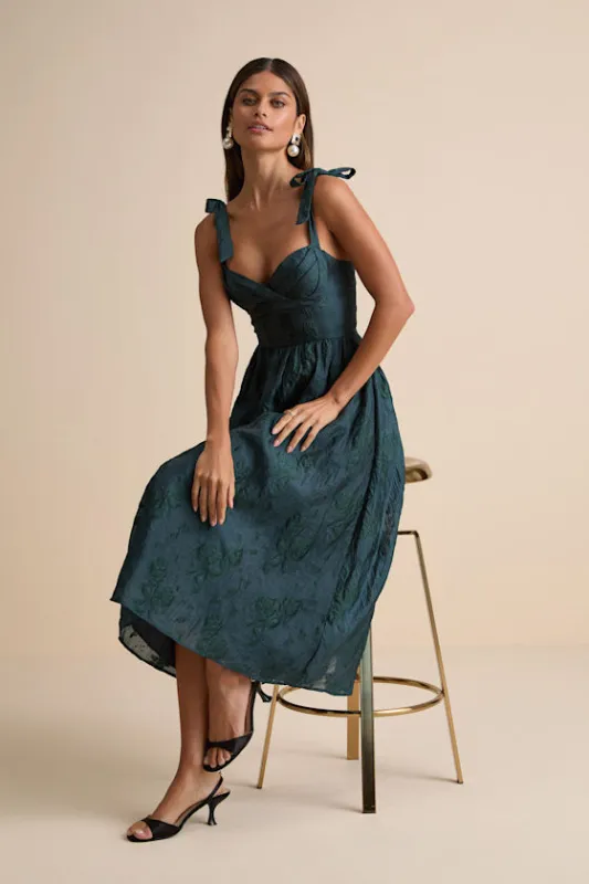 Loveliest Muse Dark Teal Burnout Floral Tie-Strap Midi Dress sold by Lulus