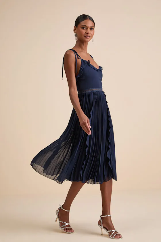 Never a Dull Moment Navy Tie-Strap Pleated Midi Dress sold by Lulus
