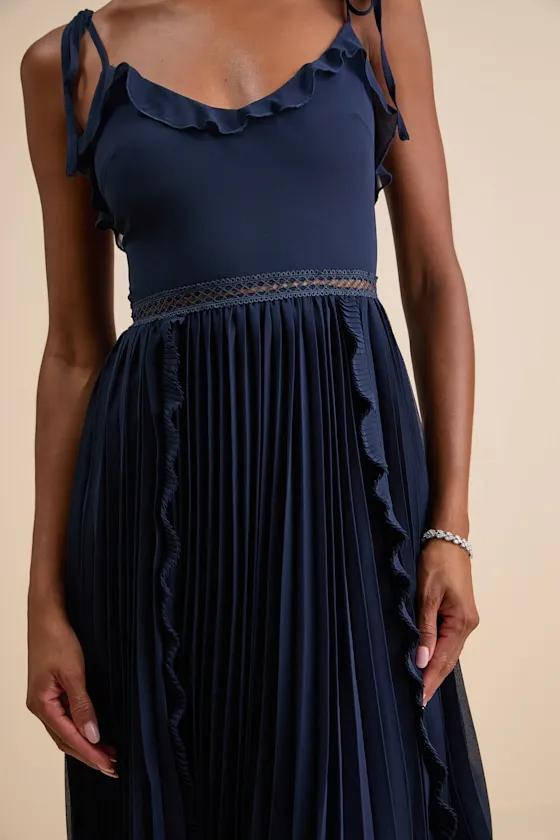 Never a Dull Moment Navy Tie-Strap Pleated Midi Dress sold by Lulus product image thumbnail 2