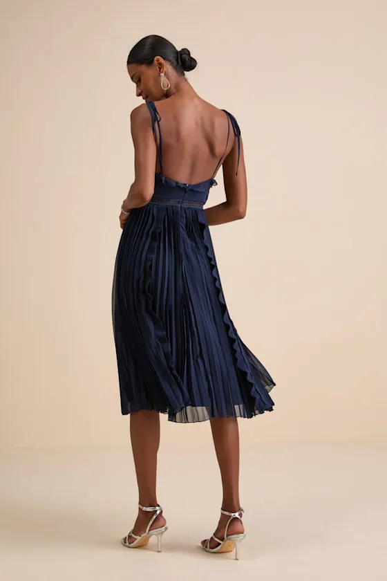 Never a Dull Moment Navy Tie-Strap Pleated Midi Dress sold by Lulus product image thumbnail 3