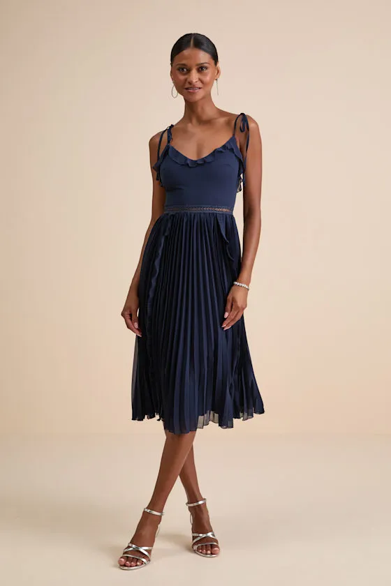 Never a Dull Moment Navy Tie-Strap Pleated Midi Dress sold by Lulus product image thumbnail 4