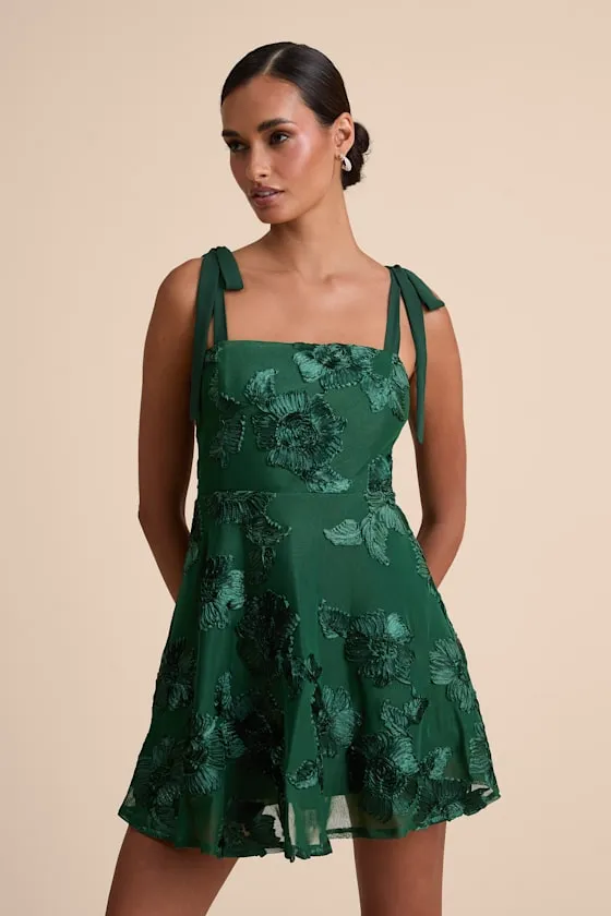 Truly Inspiring Dark Green Floral Applique Tie-Strap Mini Dress sold by Lulus