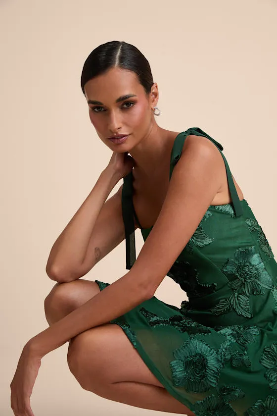 Truly Inspiring Dark Green Floral Applique Tie-Strap Mini Dress sold by Lulus product image thumbnail 3