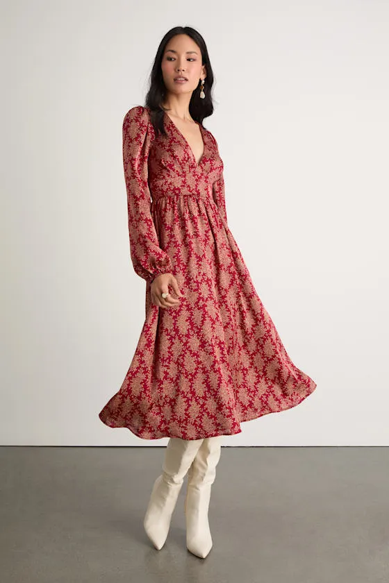 Graceful Impression Wine Red Floral Print Midi Dress sold by Lulus
