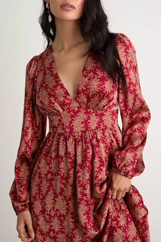Graceful Impression Wine Red Floral Print Midi Dress sold by Lulus product image thumbnail 2
