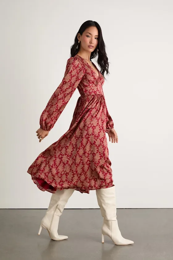 Graceful Impression Wine Red Floral Print Midi Dress sold by Lulus product image thumbnail 4