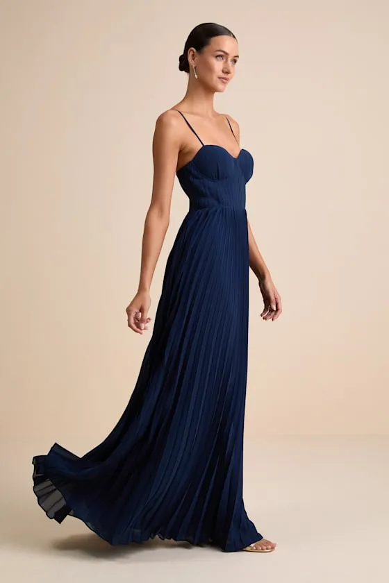Admirable Elegance Navy Pleated Bustier Maxi Dress sold by Lulus
