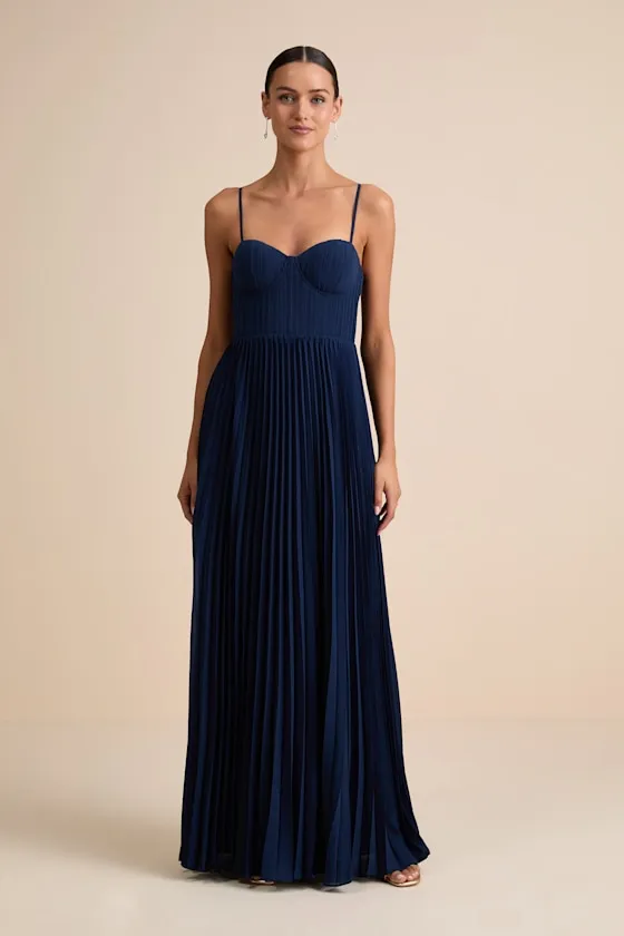 Admirable Elegance Navy Pleated Bustier Maxi Dress sold by Lulus product image thumbnail 4