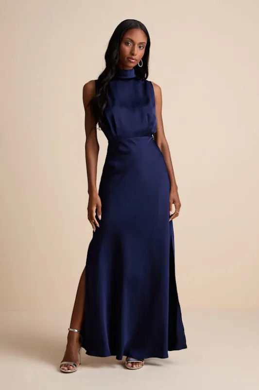 Classic Elegance Navy Satin Sleeveless Mock Neck Maxi Dress sold by Lulus