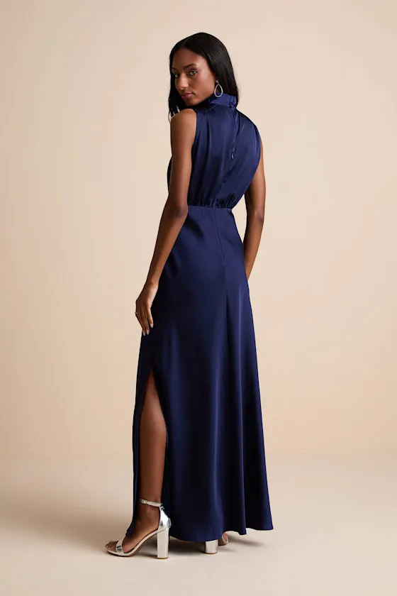 Classic Elegance Navy Satin Sleeveless Mock Neck Maxi Dress sold by Lulus product image thumbnail 3