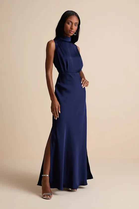 Classic Elegance Navy Satin Sleeveless Mock Neck Maxi Dress sold by Lulus product image thumbnail 4