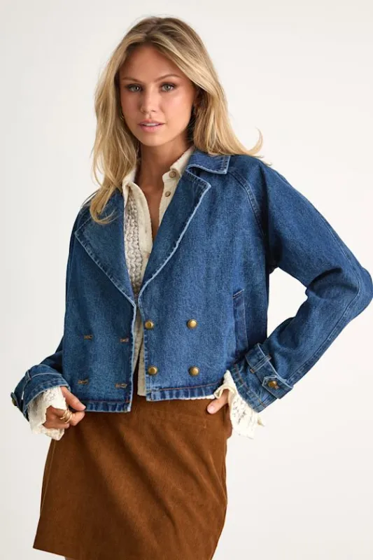 Abria Medium Wash Denim Double-Breasted Cropped Jacket made by Lulus