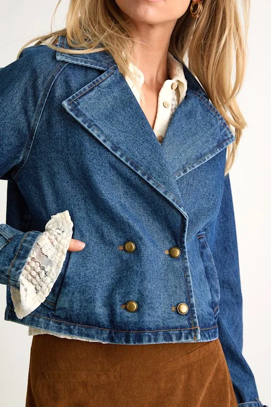 Abria Medium Wash Denim Double-Breasted Cropped Jacket sold by Lulus product image thumbnail 2