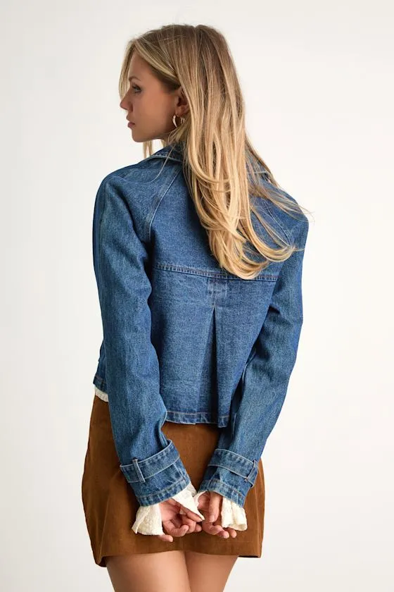 Abria Medium Wash Denim Double-Breasted Cropped Jacket sold by Lulus product image thumbnail 4