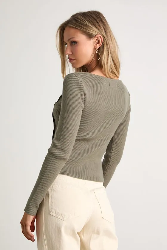 Modern Status Sage Ribbed Asymmetrical Button-Front Sweater Top sold by Lulus product image thumbnail 3