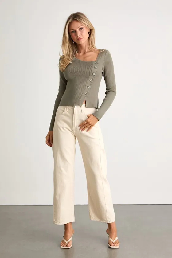 Modern Status Sage Ribbed Asymmetrical Button-Front Sweater Top sold by Lulus product image thumbnail 4